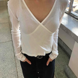 Deep V-Neck See-through Shirred Sleeve Slim Long Sleeve T-Shirt