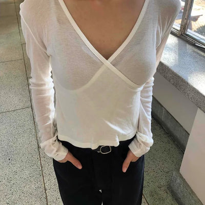 Deep V-Neck See-through Shirred Sleeve Slim Long Sleeve T-Shirt