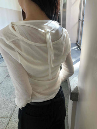 Deep V-Neck See-through Shirred Sleeve Slim Long Sleeve T-Shirt
