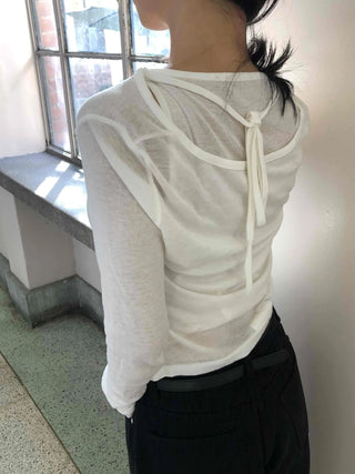Deep V-Neck See-through Shirred Sleeve Slim Long Sleeve T-Shirt