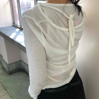 Deep V-Neck See-through Shirred Sleeve Slim Long Sleeve T-Shirt