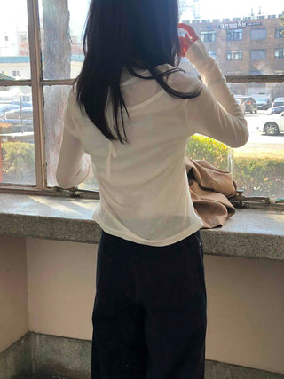 Deep V-Neck See-through Shirred Sleeve Slim Long Sleeve T-Shirt