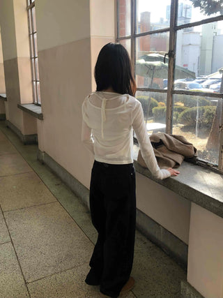 Deep V-Neck See-through Shirred Sleeve Slim Long Sleeve T-Shirt