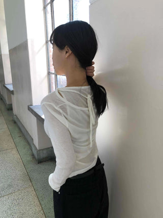 Deep V-Neck See-through Shirred Sleeve Slim Long Sleeve T-Shirt