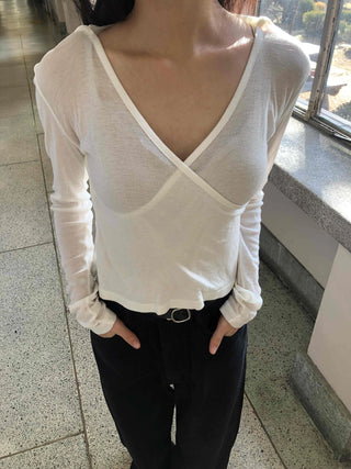 Deep V-Neck See-through Shirred Sleeve Slim Long Sleeve T-Shirt