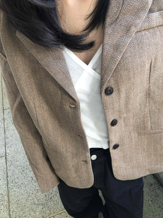 Vintage Herringbone Double-Button Boxy Tailored Jacket