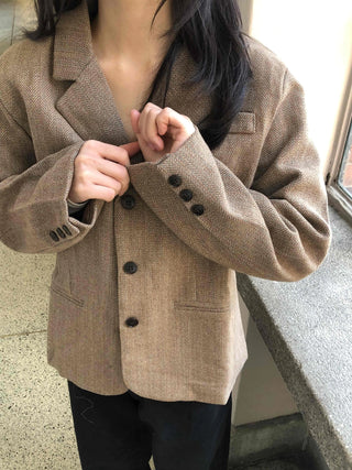 Vintage Herringbone Double-Button Boxy Tailored Jacket