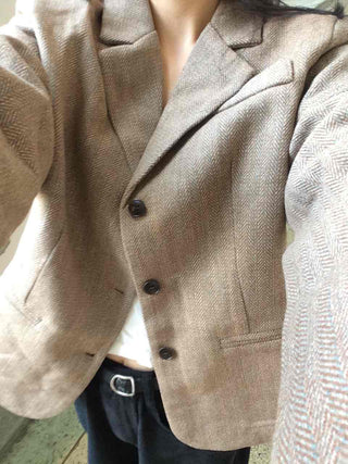 Vintage Herringbone Double-Button Boxy Tailored Jacket