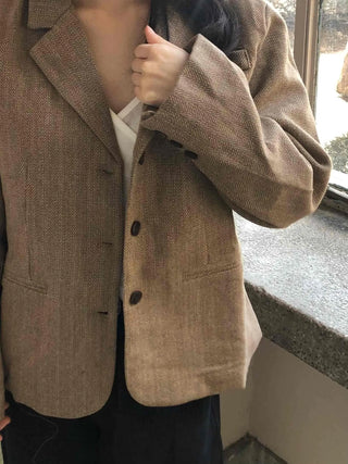 Vintage Herringbone Double-Button Boxy Tailored Jacket