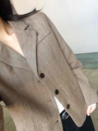 Vintage Herringbone Double-Button Boxy Tailored Jacket