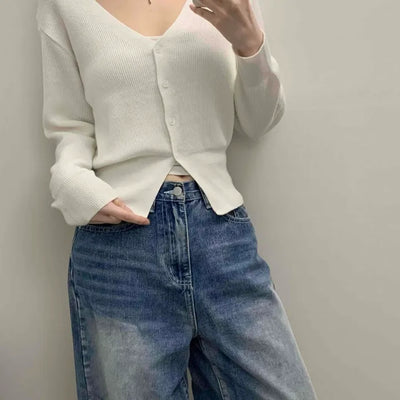 Pure V-Neck Button Ribbed Crop Knit Cardigan