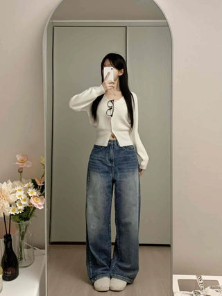 Pure V-Neck Button Ribbed Crop Knit Cardigan