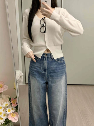 Pure V-Neck Button Ribbed Crop Knit Cardigan