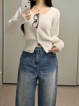 Pure V-Neck Button Ribbed Crop Knit Cardigan