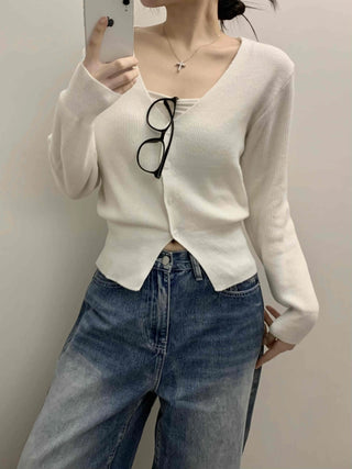 Pure V-Neck Button Ribbed Crop Knit Cardigan