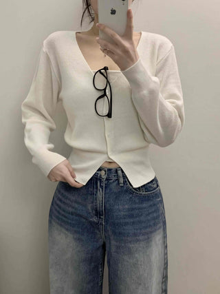 Pure V-Neck Button Ribbed Crop Knit Cardigan