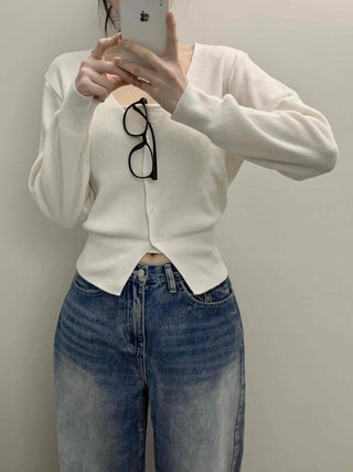 Pure V-Neck Button Ribbed Crop Knit Cardigan