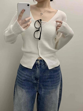 Pure V-Neck Button Ribbed Crop Knit Cardigan