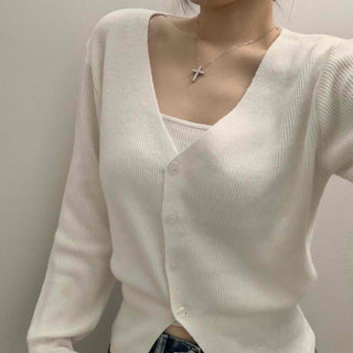 Pure V-Neck Button Ribbed Crop Knit Cardigan