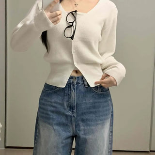 Pure V-Neck Button Ribbed Crop Knit Cardigan