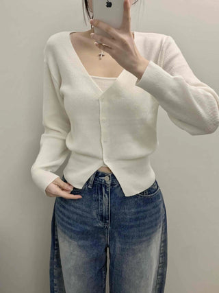 Pure V-Neck Button Ribbed Crop Knit Cardigan