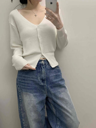 Pure V-Neck Button Ribbed Crop Knit Cardigan