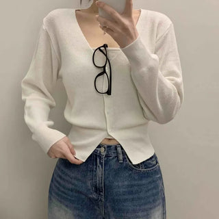 Pure V-Neck Button Ribbed Crop Knit Cardigan