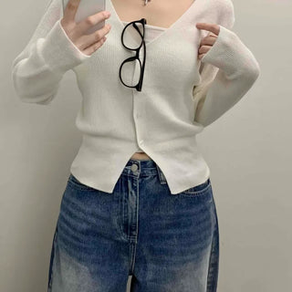 Pure V-Neck Button Ribbed Crop Knit Cardigan