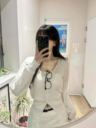 Pure V-Neck Button Ribbed Crop Knit Cardigan