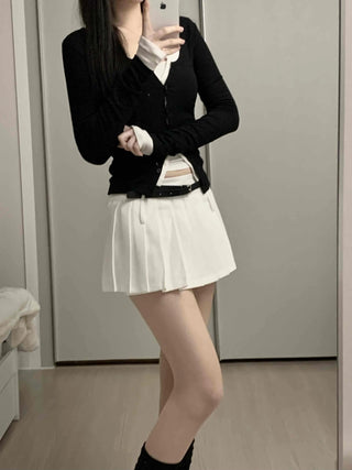 Contrast Belted Box Pleated Tennis Skirt