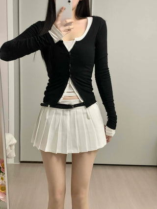 Contrast Belted Box Pleated Tennis Skirt