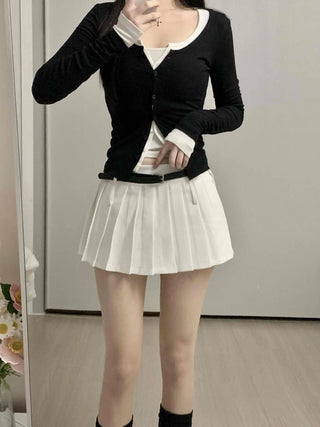 Contrast Belted Box Pleated Tennis Skirt