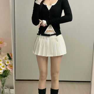 Contrast Belted Box Pleated Tennis Skirt