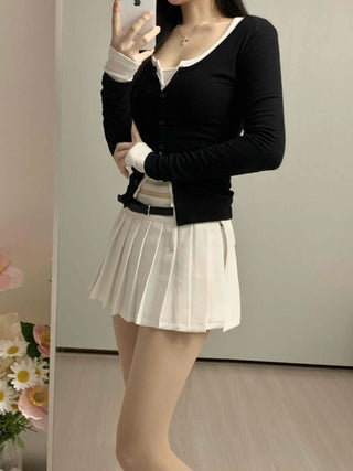 Contrast Belted Box Pleated Tennis Skirt
