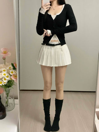 Contrast Belted Box Pleated Tennis Skirt