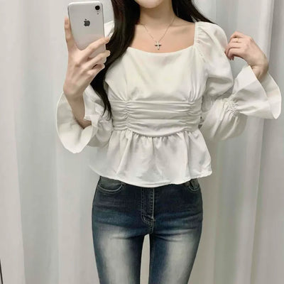 Bell Sleeve Waist Shirred Peplum Blouse