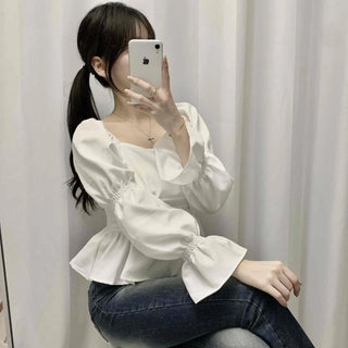 Bell Sleeve Waist Shirred Peplum Blouse