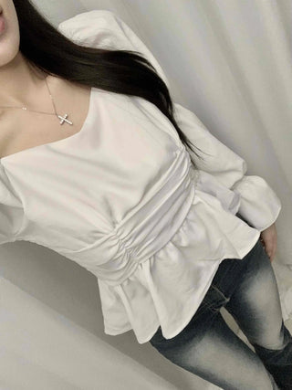 Bell Sleeve Waist Shirred Peplum Blouse