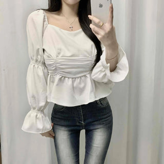 Bell Sleeve Waist Shirred Peplum Blouse