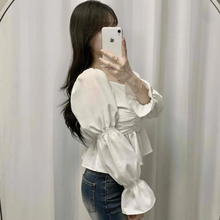 Bell Sleeve Waist Shirred Peplum Blouse