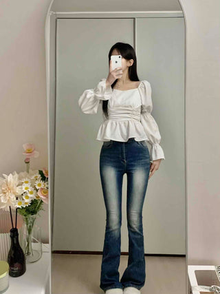 Bell Sleeve Waist Shirred Peplum Blouse