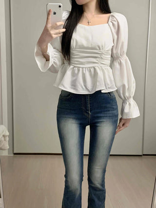 Bell Sleeve Waist Shirred Peplum Blouse