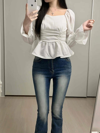 Bell Sleeve Waist Shirred Peplum Blouse