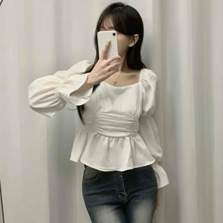 Bell Sleeve Waist Shirred Peplum Blouse