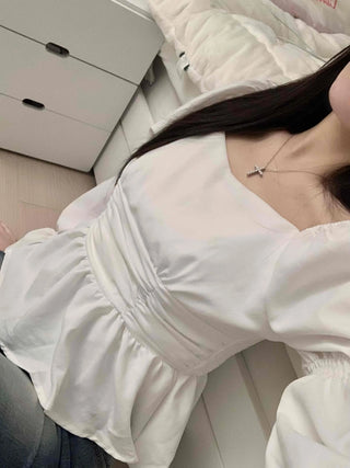 Bell Sleeve Waist Shirred Peplum Blouse