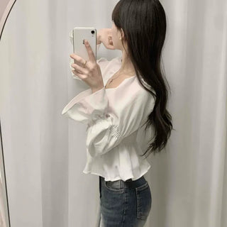 Bell Sleeve Waist Shirred Peplum Blouse