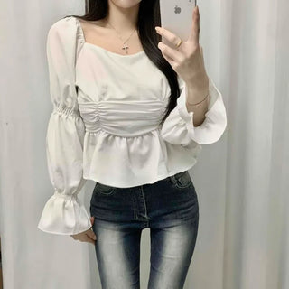 Bell Sleeve Waist Shirred Peplum Blouse