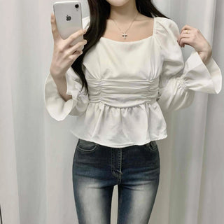 Bell Sleeve Waist Shirred Peplum Blouse
