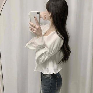 Bell Sleeve Waist Shirred Peplum Blouse