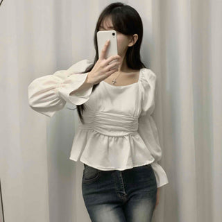 Bell Sleeve Waist Shirred Peplum Blouse